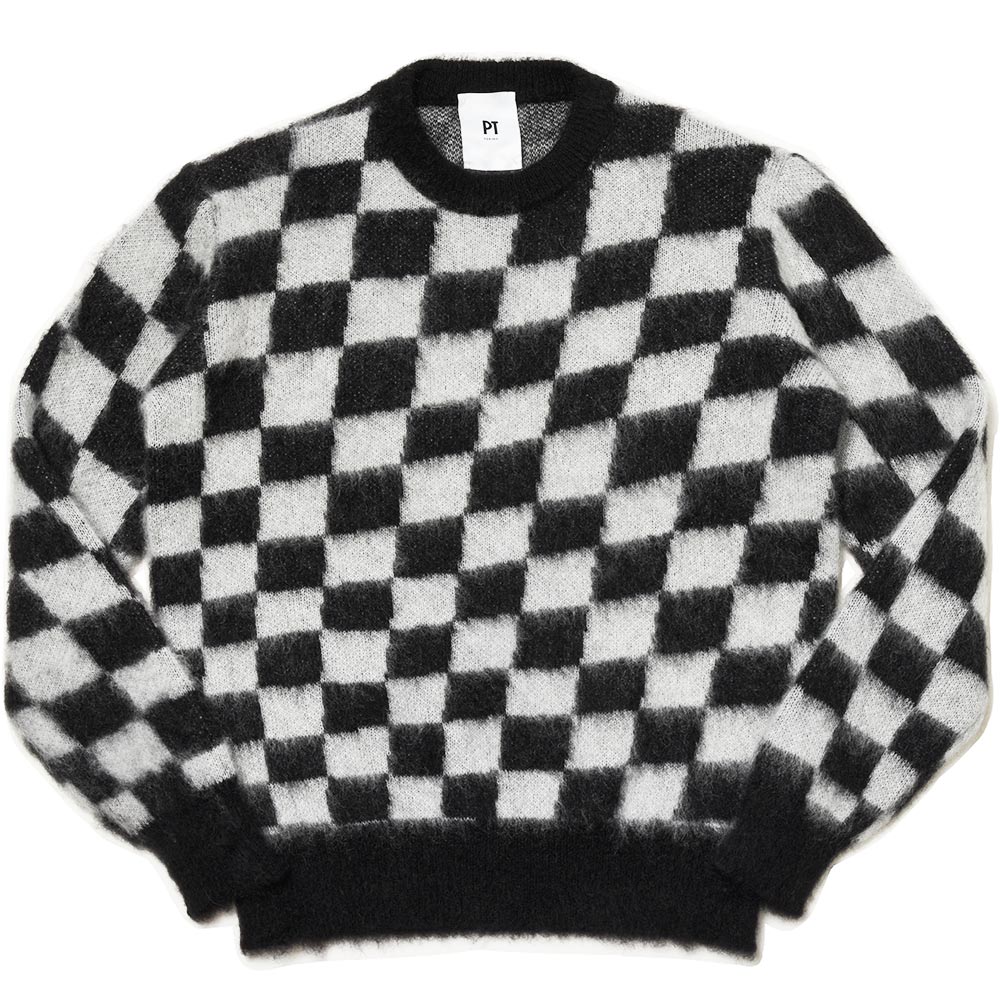 PT TORINO(ピーティー トリノ)<br>モヘヤ ポリエステル ウール チェッカーフラッグ クルーネック シャギーニット 36032000081