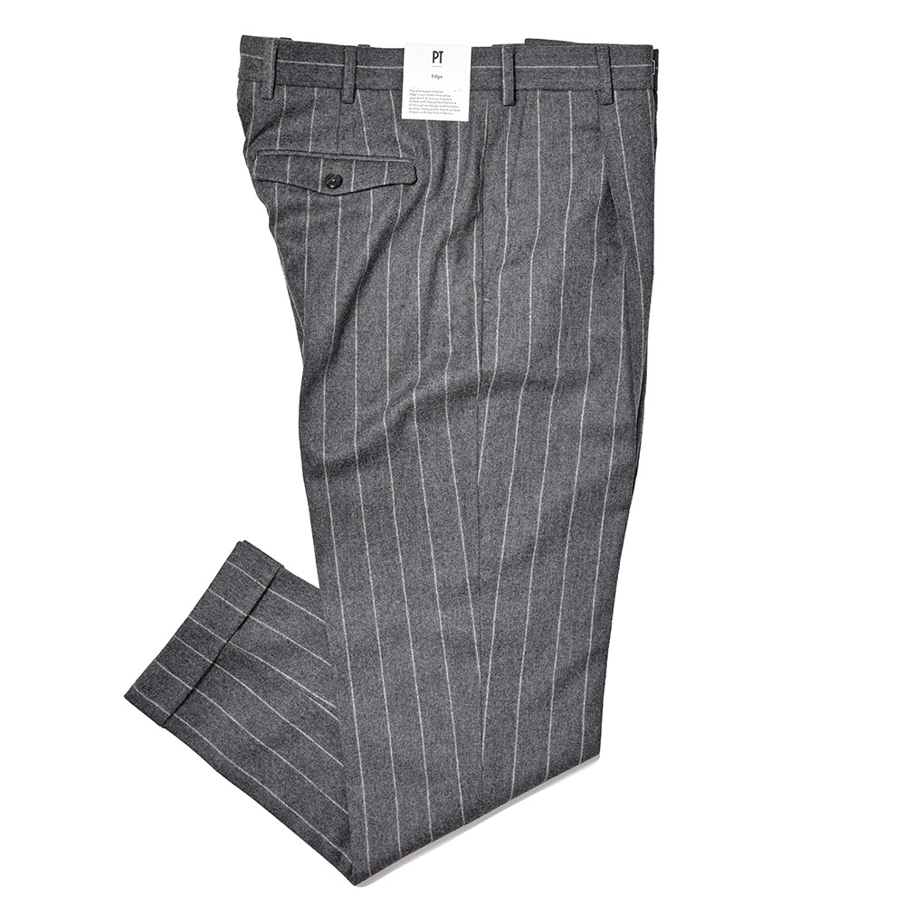 PT TORINO(ピーティー トリノ)<br>Edge ヴァージンウール カシミヤ ストレッチ フランネル ストライプ 1プリーツ パンツ REBEL FIT/TO02 33042028081