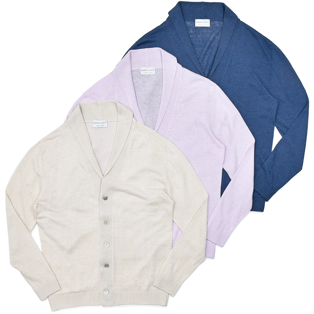 Settefili Cashmere(セッテフィーリ カシミア)<br>リネン コットン ショールカラー ハイゲージ ニットカーディガン 36051000142