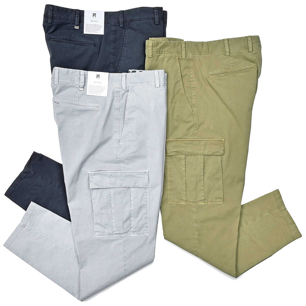 PT TORINO(ピーティー トリノ)<br>WORN OUT コットン ストレッチ ガーメントダイ ライトギャバジン ノープリーツ カーゴパンツ REBEL FIT/NU77 33051018081