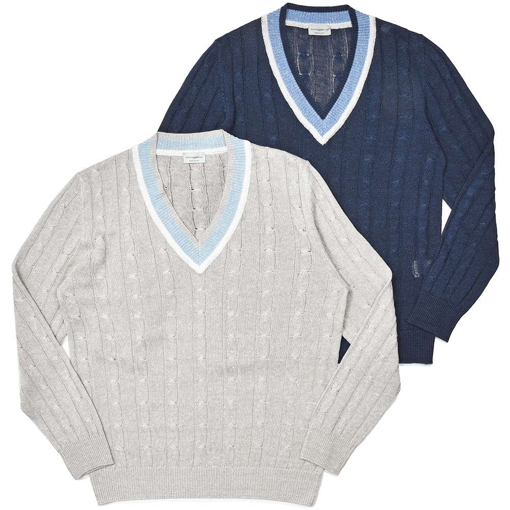 morgano(モルガーノ)<br>リネン コットン 7ゲージ ケーブル Vネック チルデンニット 36051001085