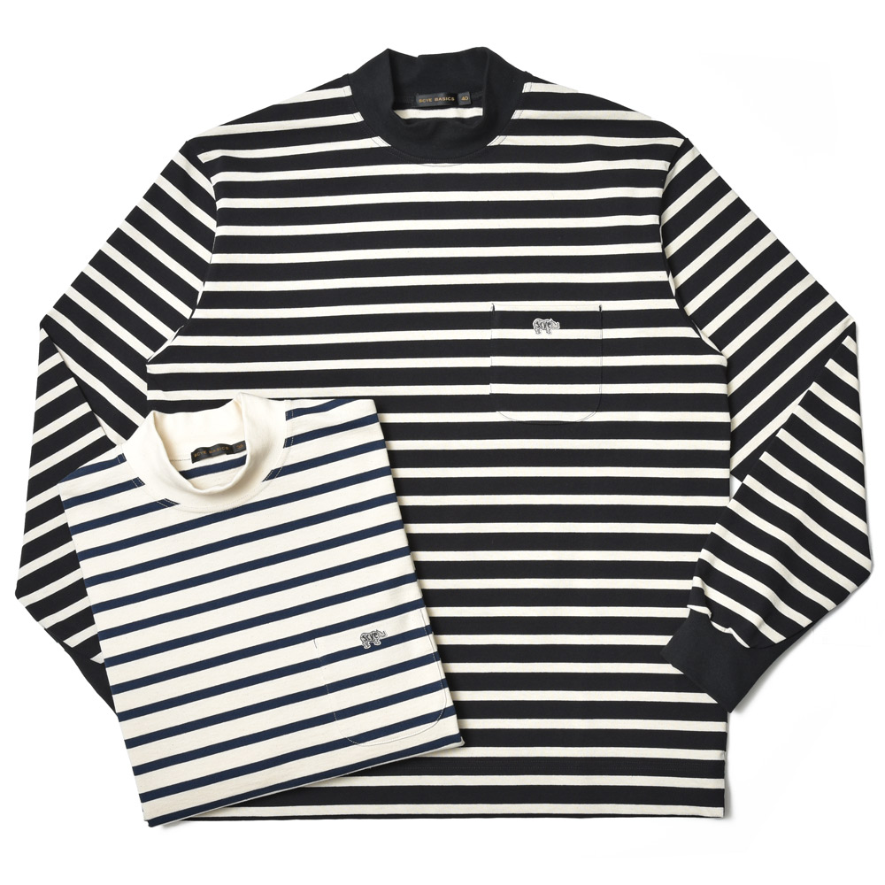 SCYE BASICS(サイベーシックス)<br>コットン 16ゲージ 度詰め天竺 ボーダー モックネック カットソー 32042000195