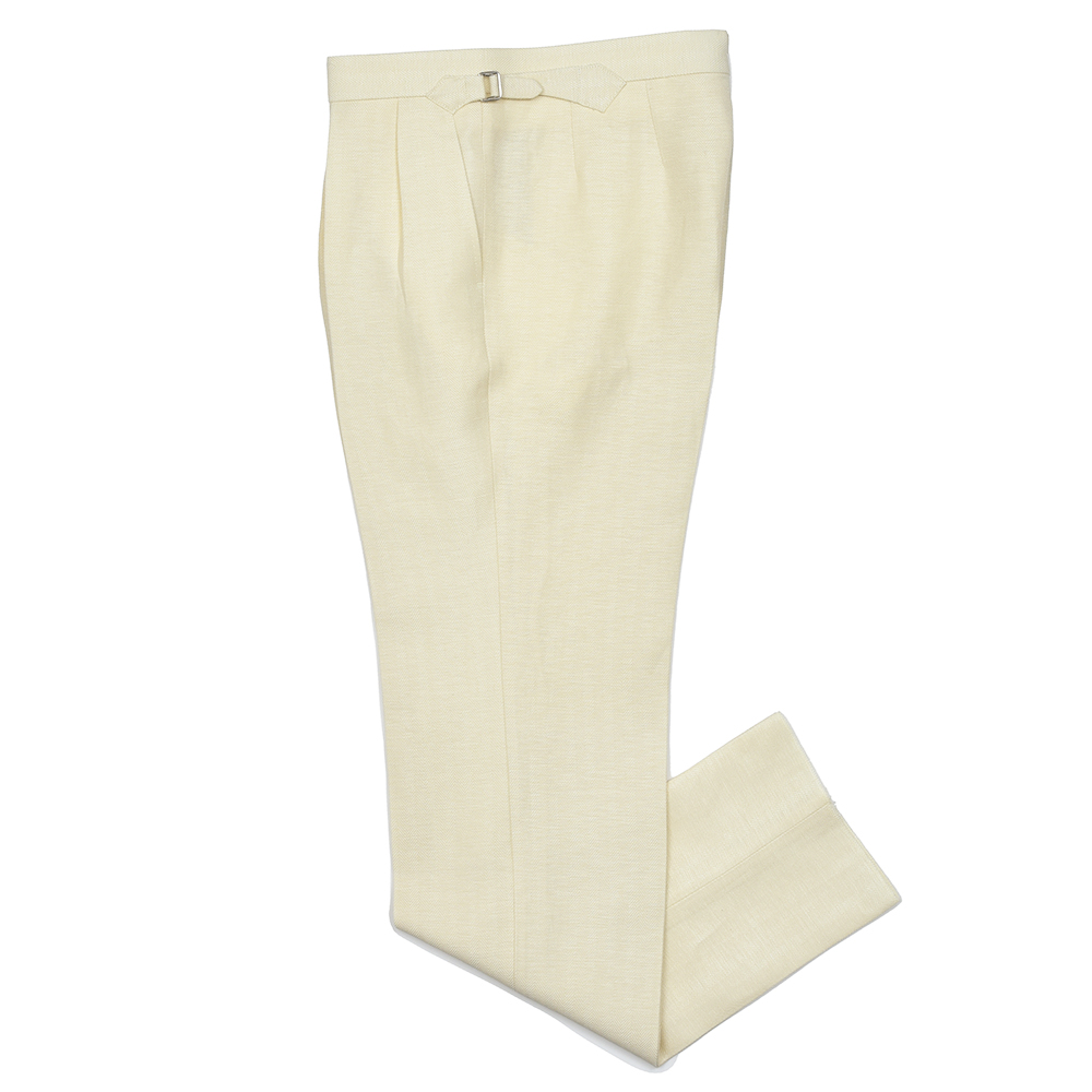 Fumiya Hirano THE TROUSERS(フミヤヒラノ トラウザーズ)<br>リネン ウール ヘリンボーン サイドアジャスター 2インプリーツ ドレスパンツ REGENT 33051003182